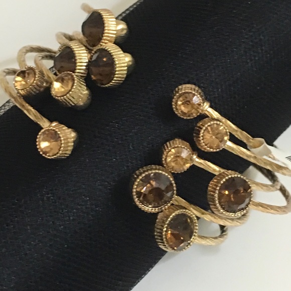 6 Brown/Amber Rhinestone Cable Cuff Gold Bracelets - Picture 3 of 8